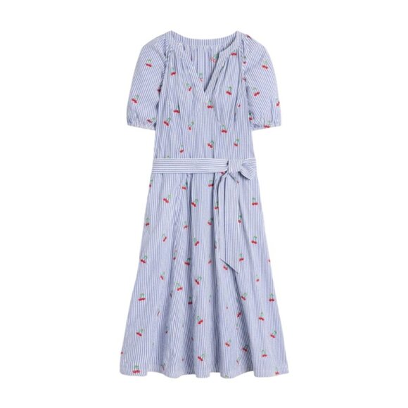 Boden NWT Bria Blue Striped Seersucker Cherry Embroidered A-Line Midi Dress - Picture 1 of 14